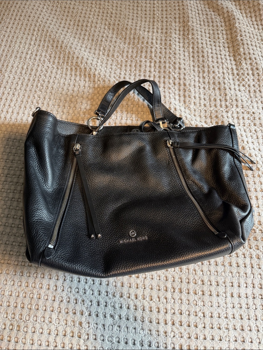 Michael Kors Black Pebbled Leather Tote with Silver Hardware